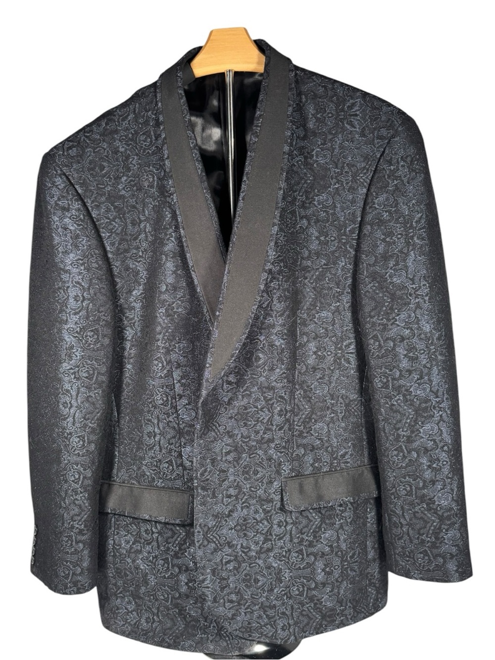 Giovanni Testi Black Blue Jacquard Blazer Shawl Collar One Button